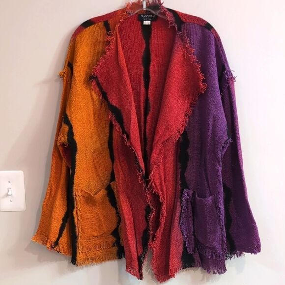 Dilemma Vintage Art To Wear Multicolor Burlap Rayon Fringed Open Cardigan - Picture 1 of 6